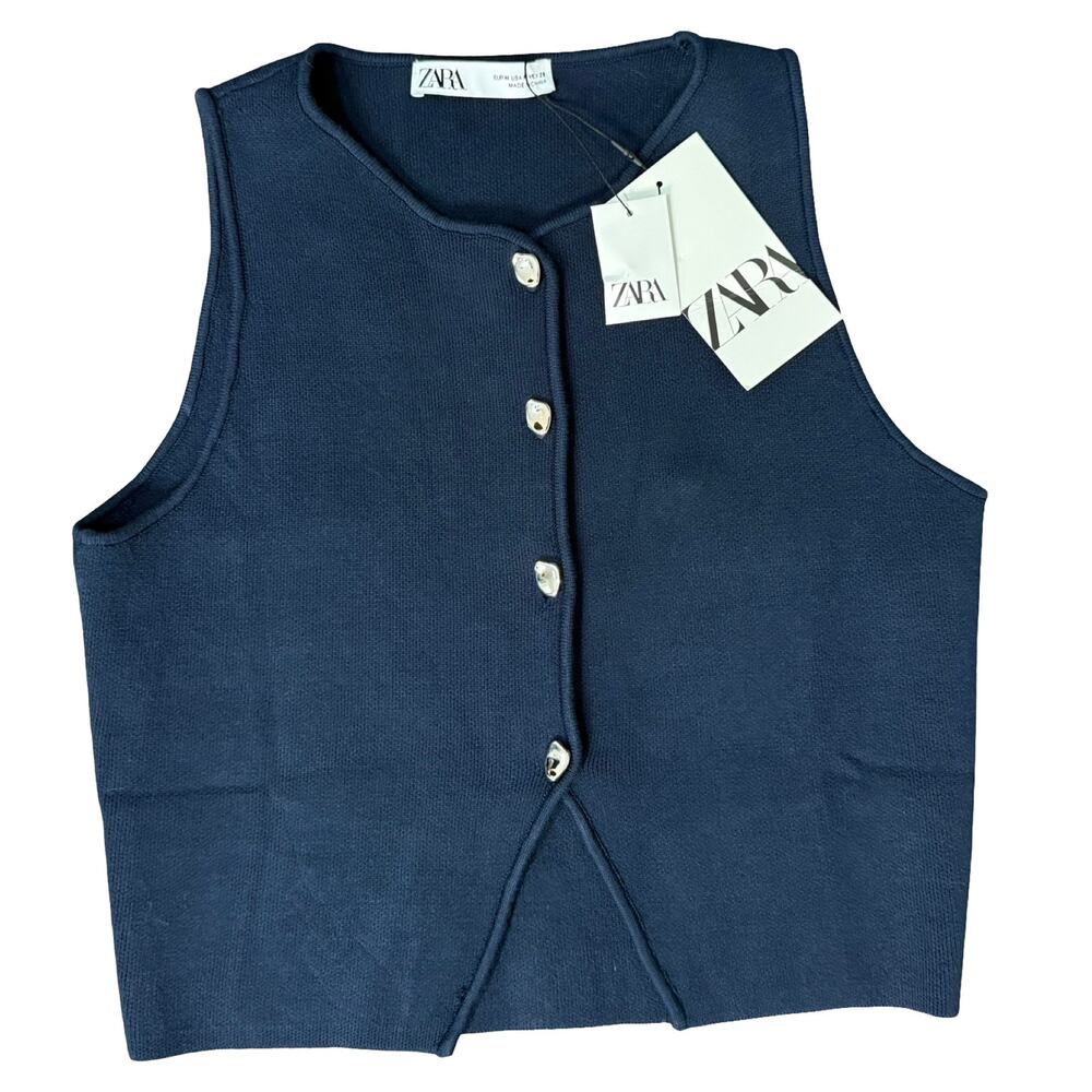 Zara Navy Blue Asymmetrical Silver Button Up Vest Tank Top Crop Size M NEW Tags - Picture 7 of 12